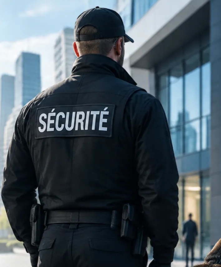 Agent de sécurité BOAZ en surveillance devant un immeuble de bureaux