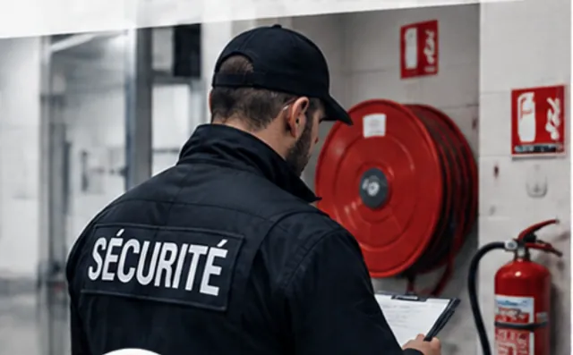 Agent de sécurité incendie vérifiant un équipement