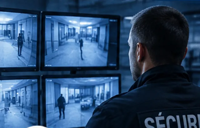 Opérateur devant des écrans de vidéosurveillance